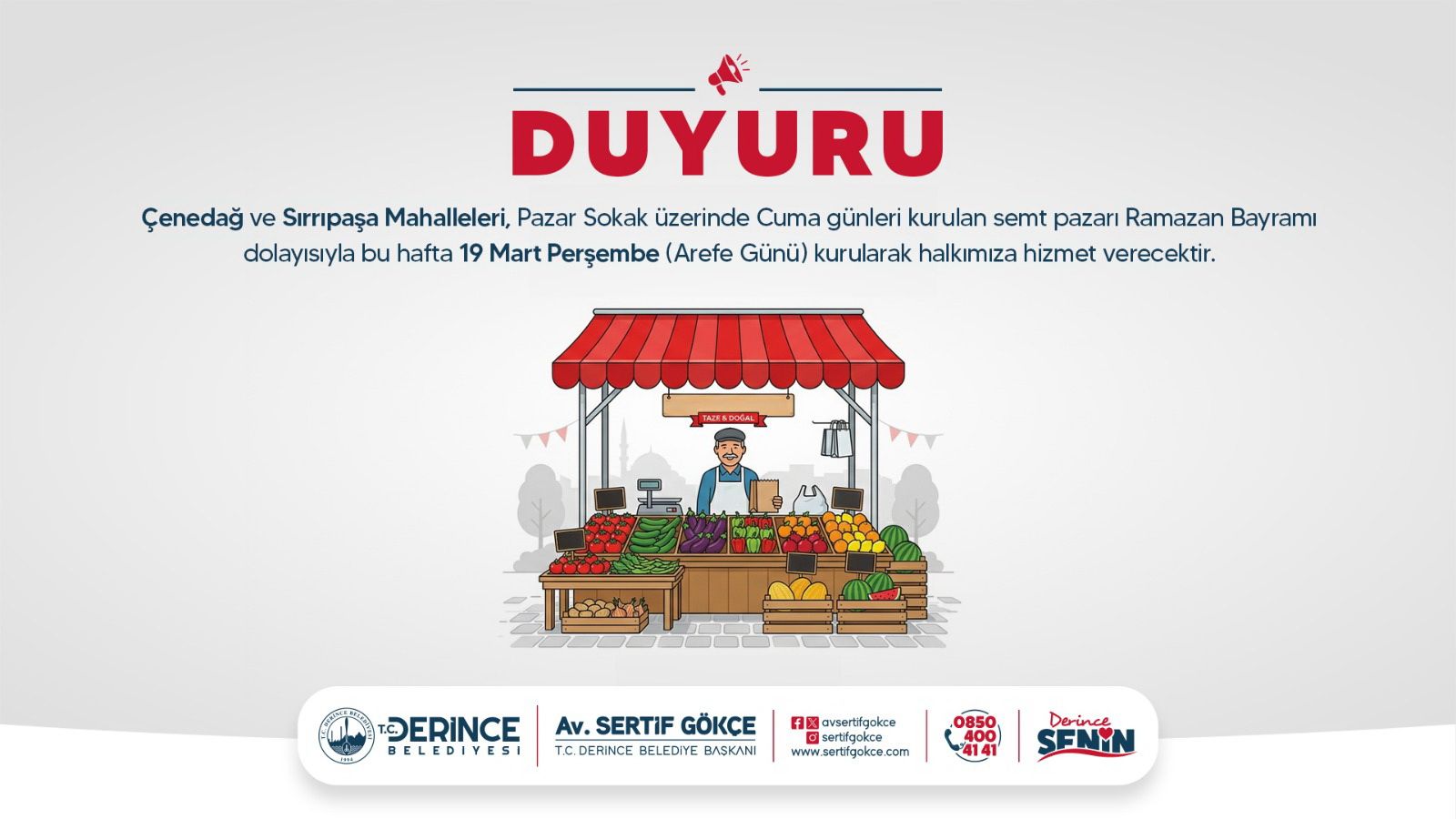 Derince Merkez Semt Pazarı, Arefe Günü Hizmet Verecek Şekilde Kurulacak