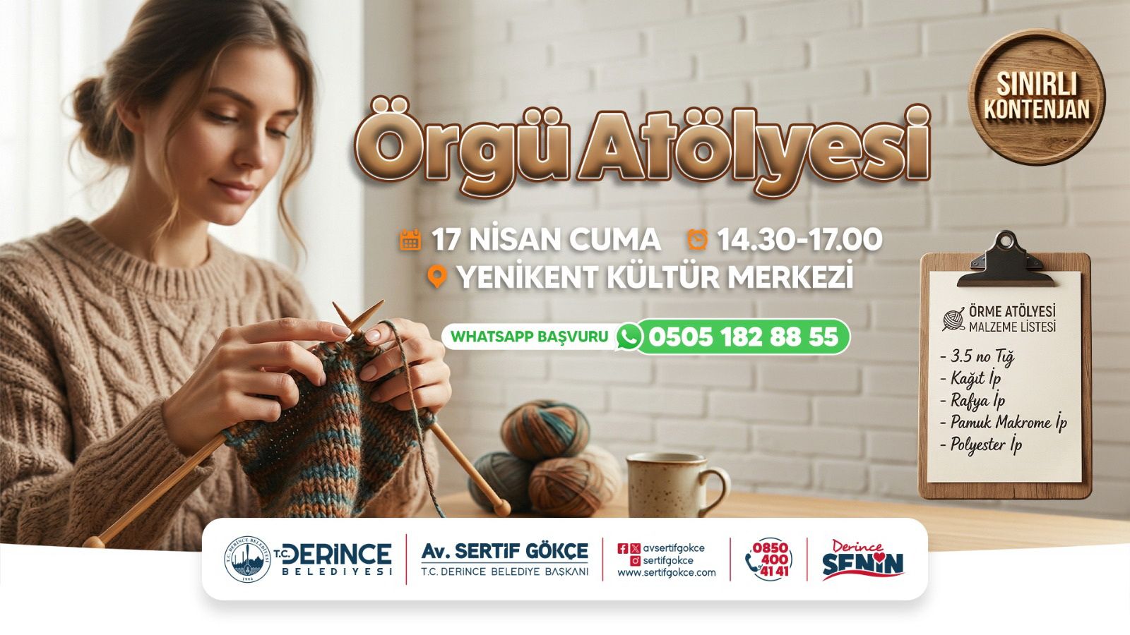 Derince Belediyesi'nden Kadınlara Yönelik Örgü Atölyesi 17 Nisan'da Başlıyor